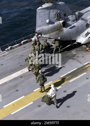 US-Marines vom Battalion Landing Team (BLT) laden sich in den hinteren Teil eines US Marine CH-46 (Sea Knight)-Hubschraubers und werden für ihre Mission in DER FOHLEN EAGLE 2000-Übung in Pohang, Korea, an Land geflogen. US-Marines von der 31. Marineexpeditionstruppe haben zwei Monate lang an verschiedenen Ausbildungsmaßnahmen an und vor der Küste von Okinawa, Japan, Sasebo, Japan, Pohang, Korea und Hongkong, China. Betrifft Operation/Serie: FOHLEN EAGLE 2000 Basis: USS Essex (LHD 2) Staat: Pohang Land: Republik Korea (ROK) Stockfoto