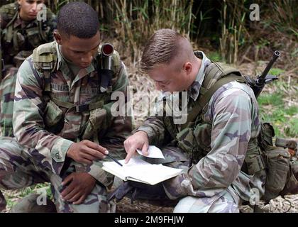 Sergeant des US Marine Corps (SGT) Jason Kasper und Corporal (CPL) Paul A. Walters diskutieren mit der 3D Marine Division Communication Company, wie ein Zug am besten durch den Dschungel bewegt werden kann, um zur Landnavigation zu gelangen, im Jungle Warfare Training Center (JWTC), Camp Courtney, Okinawa, Japan. Der JWTC ist ein Trainingsbereich, in dem Marines Fähigkeiten in der Landnavigation, Patrouillentaktik, Streitkräfte bei der Aufklärung von Streitkräften und Überlebenskünste im Dschungel vermitteln sollen. Betrifft Operation/Serie: FOHLEN-ADLER-2000-Basis: Camp Courtney Staat: Okinawa Land: Japan (JPN) Stockfoto