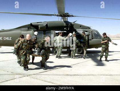 Nach der ersten Behandlung durch US Air Force Pararescuemen des 129. Air Rescue Wing, Moffett Federal Airfield, Mountain View, California und Commandos der Fuerza Aerea de Chile werden die Opfer auf einen chilenischen UH-60 Blackhawk Helikopter verladen, um sie zu medizinischen Einrichtungen in der Atacama-Wüste zu transportieren. Die Evakuierung von Massenopfern, Übung CHILE TCA 2000, war eine gemeinsame nationale Anstrengung der California Air National Guard und der chilenischen Luftwaffe. Betreff Operation/Serie: CHILE TCA 2000 Basis: Atacama Wüstenland: Chile (CHL) Stockfoto