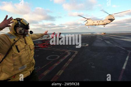 Aviation Boatswain's Mate Handler Third Class Michael Fields sendet Informationen an einen Sea Knight Hubschrauber-Piloten der CH-46E, der das Flugdeck verlässt, nachdem er während einer Ladung von Munition an Bord der USS Harry S. Truman (CVN 75) das Geschütz abgegeben hat. TRUMAN ist auf einem geplanten sechsmonatigen Einsatz im Mittelmeer und im Arabischen Golf. Basis: USS Harry S. Truman (CVN 75) Land: Atlantik (AOC) Stockfoto