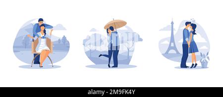 Verliebtes Paar, Urlaub Valentinstag, Paris mit dem Eiffelturm, flacher Vektor, moderne Illustration Stock Vektor