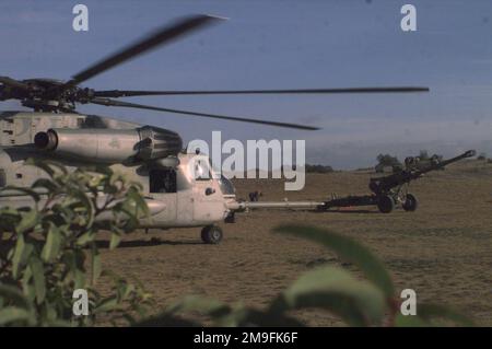 Ein Frachthubschrauber des US Marine Corps, CH-53E, aus dem Marine Helicopter Squadron 268, Third Marine Air Wing, landet in Camp Pendleton, Kalifornien, nachdem er vier M198 mittelschwere Haubitzen für eine Übung transportiert hat, die von Battery 'R', Fünftes Bataillon, Elfte Marines durchgeführt wurde. Basis: Marine Corps Basislager Pendleton Bundesstaat: Kalifornien (CA) Land: Vereinigte Staaten von Amerika (USA) Stockfoto