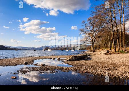 Im Lake District National Park könnt ihr die Küste von Lake Windermere entlang in nördlicher Richtung bewundern. Bowness on Wndermere, Cumbria, England, Großbritannien, Großbritannien Stockfoto