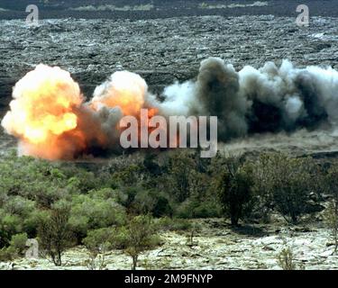 Eine Rakete mit einer Linie C-4, die als Leitungsladung bekannt ist, explodiert während einer hawaiianischen Combined Arms Operation im Pohakuloa Training Area, Hawaii, in einem Scheinminenfeld. Basis: Pohakuloa Training Area Bundesstaat: Hawaii (HI) Land: Vereinigte Staaten von Amerika (USA) Stockfoto