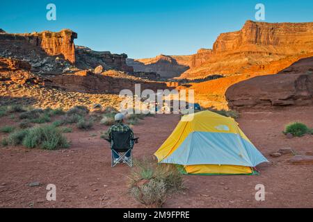 Ein Camper mit Blick auf Shafer Canyon, Shafer Campsite, Canyonlands National Park, Utah, USA Stockfoto