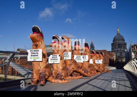 London, Großbritannien. 18. Januar 2023 PETA-Aktivisten, die Dinosaurierkostüme tragen, drängen die Menschen, auf der Millennium Bridge vegan zu werden, mit der Botschaft, dass Fleisch zu essen primitiv ist, als Teil der Veganuary. Kredit: Vuk Valcic/Alamy Live News Stockfoto