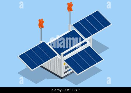 Isometrischer multifunktionaler Stromerzeuger. Solarpaneele, Windkraftanlagen und ein Dieselgenerator in einem. Stock Vektor