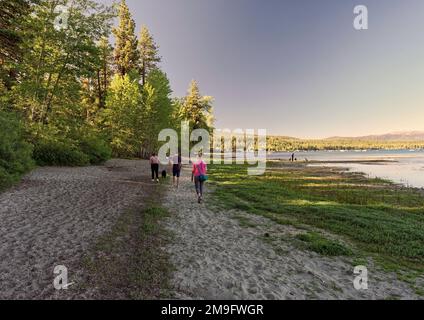 Spaziergänger genießen einen abendlichen Sommerspaziergang am Ufer des Lake Tahoe in der Nähe von Tahoe City, El Dorado County, Kalifornien. Stockfoto