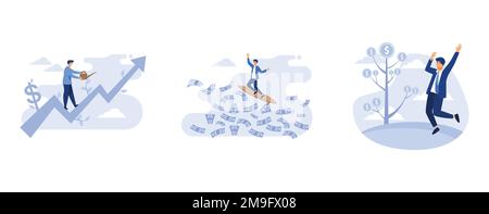 Geschäftsmann läuft auf den Graphik-Geschäftsbaum, Geschäftsmann surft auf den Finanzmärkten, der glückliche Geschäftsmann steht unter dem Baum des Geldes, flacher Vec Stock Vektor