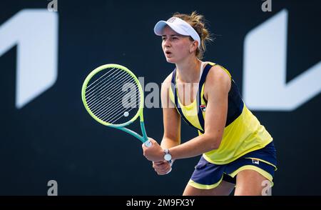 Barbora Krejcikova der Tschechischen Republik im Kampf gegen Sara Bejlek der Tschechischen Republik während der ersten Runde des Australian Open 2023, Grand Slam Tennis Turnier am 16. Januar 2023 in Melbourne, Australien - Foto: Rob Prange/DPPI/LiveMedia Stockfoto