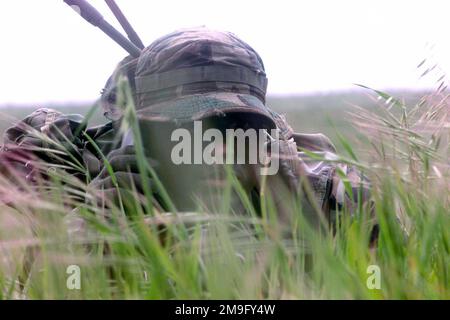 US Marine Corps (USMC) Lance Corporal (LCPL), Chris Castro, Forward Observer, zugewiesen zu C/Company, 3. Light Armored Reconnaissance (LAR) Battalion, 1. Marine Division, nutzt das natürliche Gelände zur Verheimlichung während einer Feldübung, Teil von Übung KERNEL BLITZ 2001. Betreff Betrieb/Serie: KERNEL BLITZ 2001 Base: Marine Corps Base Camp Pendleton Bundesstaat: Kalifornien (CA) Land: Vereinigte Staaten von Amerika (USA) Stockfoto