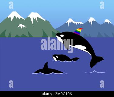 Horde von Orcas oder Killerwalen mit einer schwulen, stolzen Regenbogenflosse, die im Pazifischen Ozean nahe Vancouver Island, Kanada, springt. Natur- und Naturtourismus in Nort Stockfoto