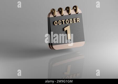 Schwarzer und goldener Tischkalender mit Datum vom 1. Oktober. Modernes Design mit goldenen Elementen, 3D-Darstellung. Weiße Keramik Stockfoto