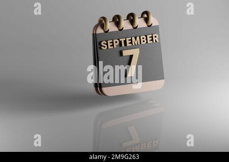 Schwarzer und goldener Kalender mit Monatsauskleidung und Datum September 7. Modernes Design mit goldenen Elementen, 3D-Darstellung. Weiße Cerami Stockfoto