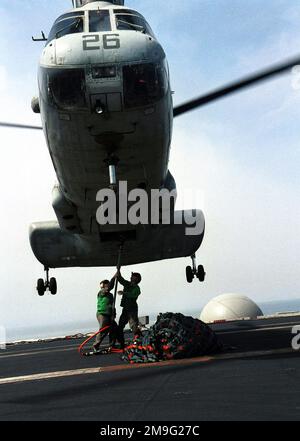 US Navy Aviation Electronics Technician Second Class Scott MacIlroy und US Navy Aviation Warfare Systems Technician Third Class Chase Huff befestigen Frachtnetze an einem SH-60F Anti-U-Boot Warfare Helikopter auf dem Cockpit der USS HARRY S. TRUMAN (CVN 75). Truman ist auf Station im Persischen Golf, um die Operation SÜDWACHE zu unterstützen. Betreff Betrieb/Serie: SÜDLICHE WACHSTATION: USS Harry S. Truman (CVN 75) Stockfoto