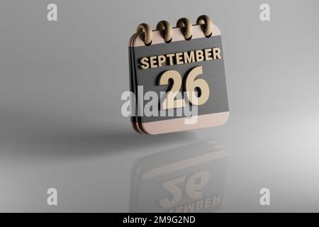 Schwarzer und goldener Kalender mit Monatsauskleidung und Datum September 26. Modernes Design mit goldenen Elementen, 3D-Darstellung. Weißes Ceram Stockfoto