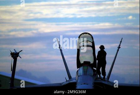 GESCHÜTZFÜHRER SGT. Rome M. Holcomb vom Marine Fighter Attack Squadron Five Three Three (VMFA-533) führt am 29. April 2001 Nachkontrollen an einem von vier F-18 „Hornet“-Kämpfern am Rock Hampton Airport, Australien, durch. Die Hornets flogen aus Guam ein, um an einer kombinierten US-amerikanischen und australischen Militärübung „TANDEM-SCHUBÜBUNG“ teilzunehmen. Die halbjährliche Übung findet in der Nähe des Shoalwater Bay Trainingsgeländes in Queensland, Australien, statt. Mehr als 27.000 Soldaten, Matrosen, Flugzeuge und Marines nehmen Teil, wobei kanadische Einheiten als gegnerische Truppen beteiligt sind. Zweck der Übung Stockfoto