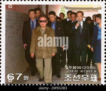 2010 Nordkorea-Stempel. Kim Jong Il Besucht China. Besuch des Parks von Beiling Stockfoto