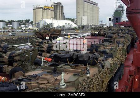 010501-F-2022C-003. [Complete] Scene Caption: Hafenlader aus dem Hafen von Gladstone entladen 155mm Artilleriestücke aus Australien von der SCANSCOT Shipping Services Deutschland, einem deutschen Frachtschiff, „Scan Atlantic“. Das Schiff transportiert mehrere Artilleriegeschütze, leichte gepanzerte Fahrzeuge (LAVS) und M113 Panzerwagen zur Unterstützung DES TANDEMSCHUBS. Übung TANDEM-SCHUB ist eine kombinierte Militärübung der Vereinigten Staaten und Australiens. Diese halbjährliche Übung findet in der Nähe der Shoalwater Bay Trainingszone in Queensland, Australien, statt. Mehr als 27.000 Soldaten, Matrosen, Flugzeuge und M Stockfoto