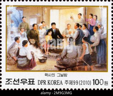 2010 Nordkorea Stempelsatz. 65. Jahre Befreiung - Propagandafälle. Historische Nacht Stockfoto