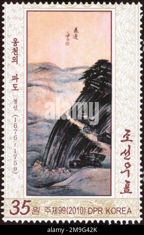 2010 Nordkorea Stempelsatz. Traditionelle koreanische Gemälde. Waves of Ongchon; von Jong-son (1676-1759) Stockfoto