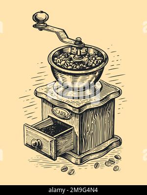 Handgezogene alte Kaffeemühle aus Holz mit Kaffeeschublade. Skizzieren Sie eine Vektordarstellung im Vintage-Stil Stock Vektor
