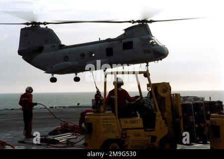 US Navy Aviation Ordnancemen Haken Kampfmittelcontainer an einen Seekrieger der CH-46D ein, der während einer Waffenentladung auf das Cockpit der USS HARRY S. TRUMAN (CVN 75) an die USS ENTERPRISE (CVN 65) (nicht abgebildet) geliefert wird. Basis: USS Harry S. Truman (CVN 75) Stockfoto