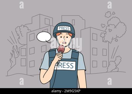 Ein ängstlicher Reporter in Schutzausrüstung leitet die Live-Übertragung aus dem Kriegsgebiet. Gestresster Korrespondent im Helm spricht Nachrichten aus dem Kriegsgebiet. Vektordarstellung. Stock Vektor