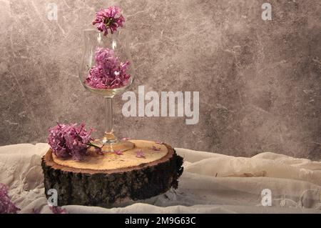 Pinkfarbene lila Blumen in einem Weinglas, das auf eine Scheibe Baumstamm gelegt wird. Horizontales Foto mit Kopierbereich nach rechts. Betonhintergrund. Stockfoto