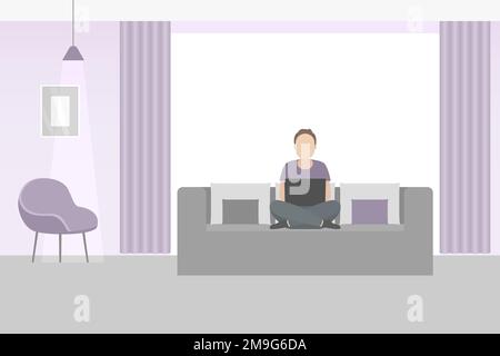 Von zu Hause aus arbeiten. Mann sitzt auf der Couch mit Laptop. Vektordarstellung. Stock Vektor