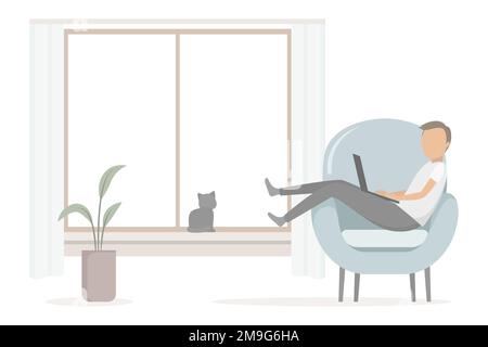 Freiberufler, der an einem Laptop im Sessel arbeitet. Vektordarstellung. Stock Vektor