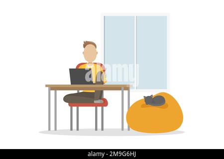 Mann sitzt am Tisch und arbeitet an einem Laptop. Vektordarstellung. Stock Vektor