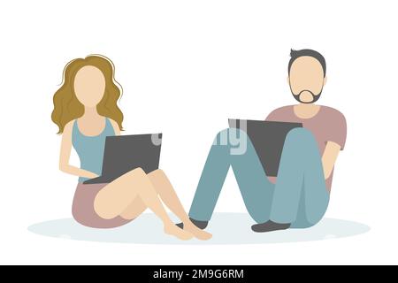 Mann und Frau sitzen auf dem Boden und arbeiten an Laptops. Vektordarstellung. Stock Vektor