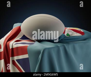 Ein normaler Rugby-Ball, der auf einer Fidschi-Flagge ruht, über einem Sockel auf einem isolierten Studiohintergrund - 3D-Rendering Stockfoto