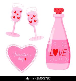 Vektorset für den Valentinstag. Herz, Flasche Champagner, Gläser mit Herzen Stock Vektor