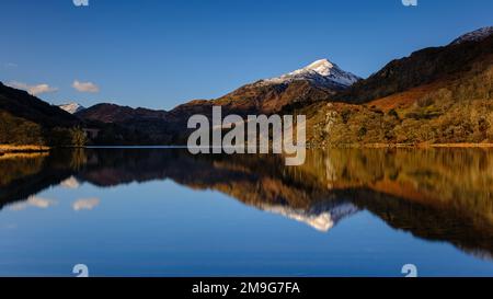 Ein Panoramablick auf eine perfekte Reflexion der schneebedeckten Berge in einem See im Snowdonia-Nationalpark, Nordwales Stockfoto