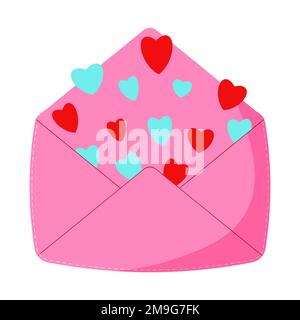 Pinkfarbene Vektorhülle. Abbildung: Geöffnetes Kuvert mit Herzen. Stock Vektor