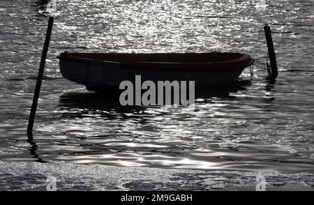 Rerik, Deutschland. 18. Januar 2023. Das Wasser auf der Salzhaff scheint in der Sonne, ein Boot rockt auf den Wellen. Im Norden dominiert ruhiges und teilweise sonniges Wetter. Kredit: Bernd Wüstneck/dpa/Alamy Live News Stockfoto