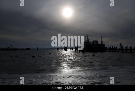 Rerik, Deutschland. 18. Januar 2023. Das Wasser auf der Salzwasserlagune scheint in der Sonne. Im Norden dominiert ruhiges und teilweise sonniges Wetter. Kredit: Bernd Wüstneck/dpa/Alamy Live News Stockfoto