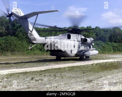 Ein CH-53E Super-Hallion-Helikopter aus HMH-463 Kaneohe Bay, Hawaii, landet auf der Insel Peleliu als Teil der Übung KOA THUNDER 2001. Marines von Aviation Support Element, Kaneohe Bay Hawaii, 1. Marine Air Wing (MAW), Okinawa Japan und 3. Marines 7. Bataillon 29 Palms, Kalifornien, nahmen vom 9. Juli bis 14. Juli am KOA-DONNER auf der Insel Guam Teil. Ziel der Übung war es, die Fähigkeit des Marinekorps zu demonstrieren, im Südpazifik von anderen Orten als Okinawa, Japan, zu stationieren. Betreff Operation/Serie: KOA THUNDER 2001 Stützpunkt: Andersen Luftwaffenstützpunkt Bundesstaat: Guam (GU) Land: Stockfoto