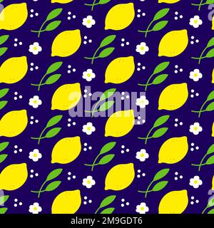 Muster mit Zitrone, Blättern, Blumenkamille und weißen Punkten. Modernes, natürliches minimalistisches Hintergrunddesign. Retro-Druck im Vintage-Stil. Stock Vektor