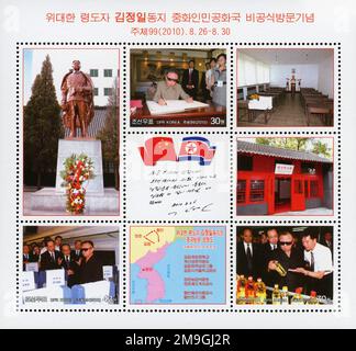 2010 Nordkorea-Stempel. Kim Jong Il Besucht China. Stockfoto