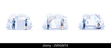 Cloud-Computing-Service. Flaches Design des Cartoons, mobile Website mit Schnittstelle für Datenbank-Backup-Speicherung, Funktion zum hoch- oder Herunterladen von Online-Mediendateien Stock Vektor