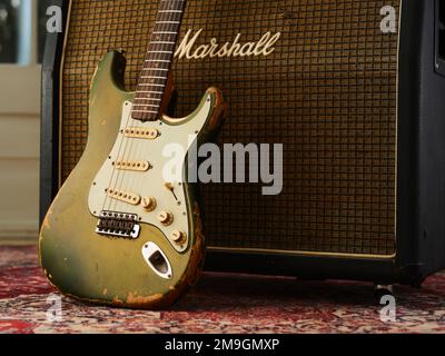 1963 Fender Stratocaster in sherwood Green Finish Stockfoto