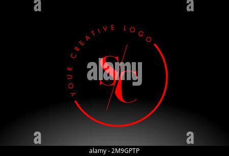 Rotes SC-Letter-Logo mit kreativer, sich schneidender und ausgeschnittener Serif-Schriftart. Stock Vektor
