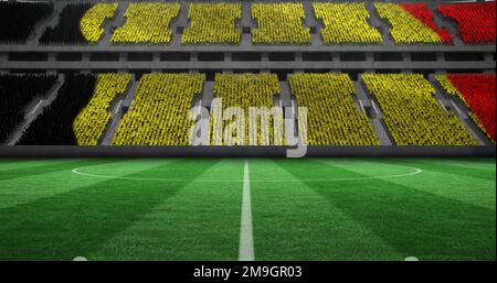 Bild der belgischen Flagge auf leerem Fußballfeld im Sportstadion Stockfoto