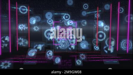 Bild eines Neon-qr-Codes mit Linien über der Datenverarbeitung und dem Scannen des Scope auf schwarzem Hintergrund Stockfoto