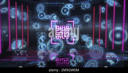 Bild eines Neon-qr-Codes mit Linien über der Datenverarbeitung und dem Scannen des Scope auf schwarzem Hintergrund Stockfoto