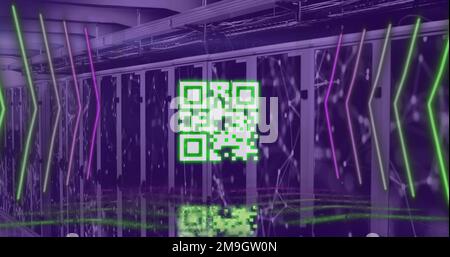 Abbildung: Gelber qr-Code und Neonleuchten über Netzwerke und Computerserverraum Stockfoto