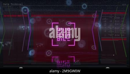 Bild des qr-Codes über Scope-Scans und Datenverarbeitung auf schwarzem Hintergrund Stockfoto